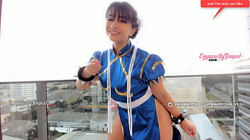 Sexy  cosplayer gamer girl dressed as Chun li from street fighter giving the best JOI jerl off instructions in public, this video will turn you on so fuckig much!!!!