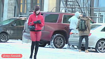 Sexy Russian woman in red pantyhose with no panties (hidden cam)